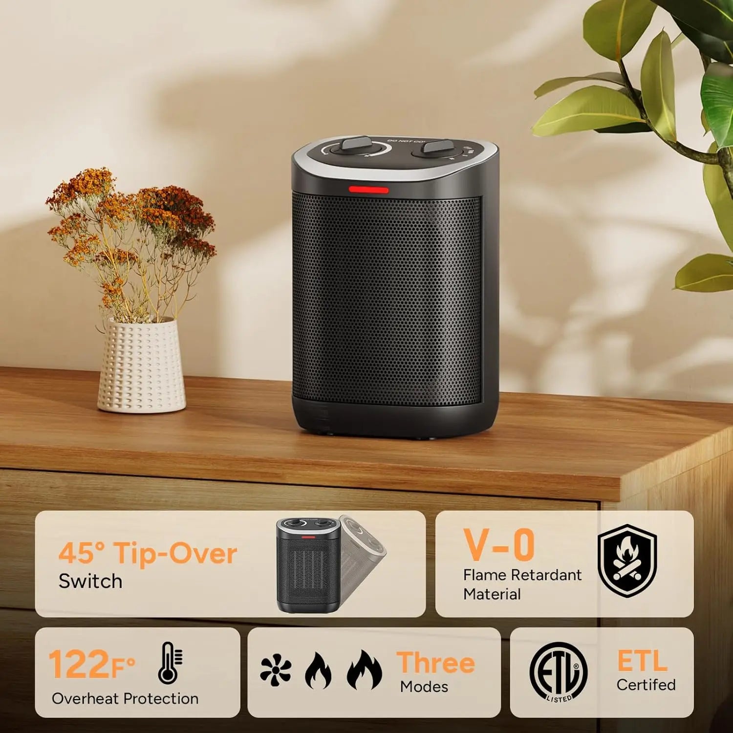 Portable 1500W Ceramic Space Heater with Thermostat, Safe Indoor Heater for Desk, Office, Home – Overheat & Tip-Over Protection