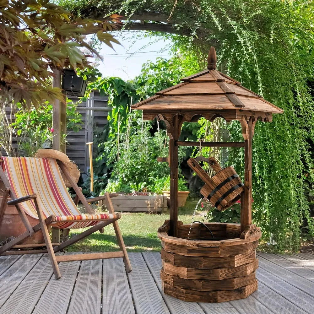 Outdoor Wooden Water Fountain with Electric Pump, 5 Adjustable Water Flow Rates,
