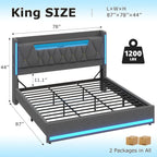 LED King Bed Frame with Storage, Charging Station & Headboard - Dark Gray Linen Upholstered Metal Frame