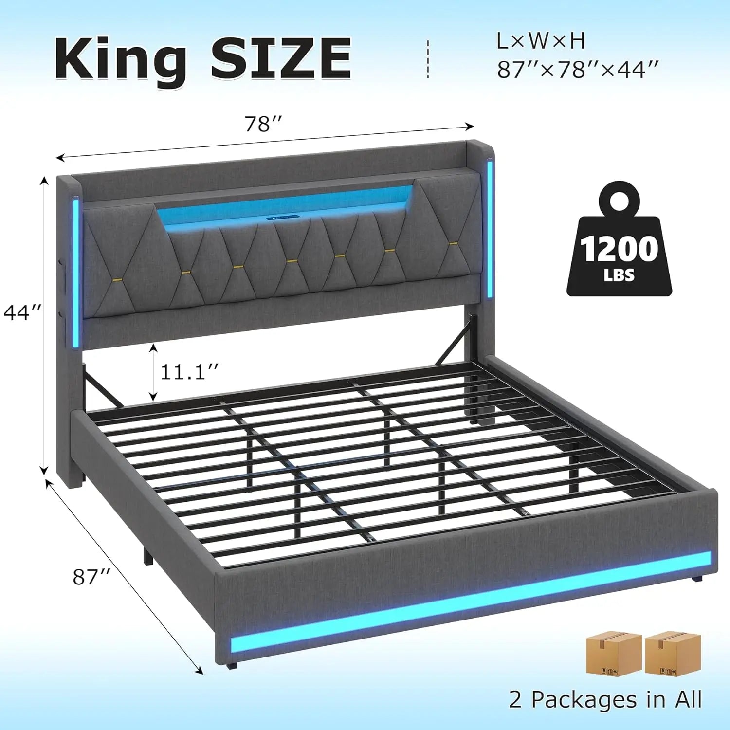 LED King Bed Frame with Storage, Charging Station & Headboard - Dark Gray Linen Upholstered Metal Frame