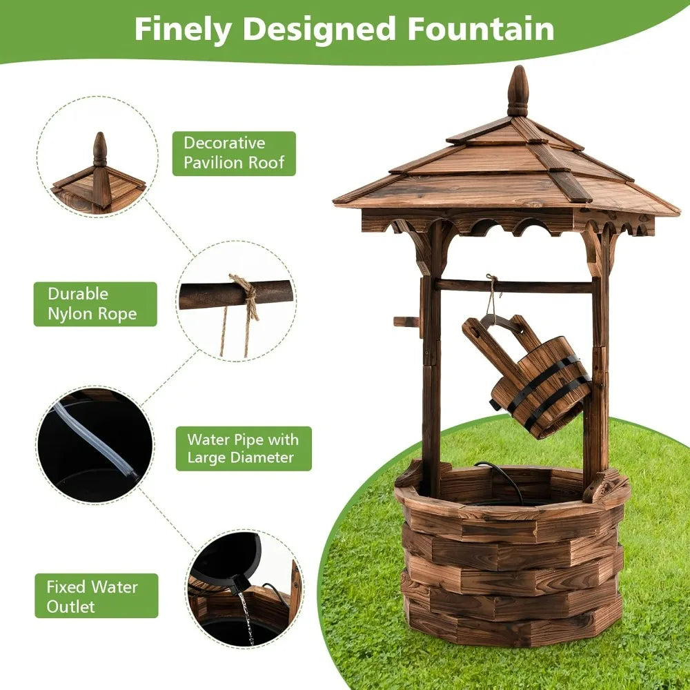Outdoor Wooden Water Fountain with Electric Pump, 5 Adjustable Water Flow Rates,
