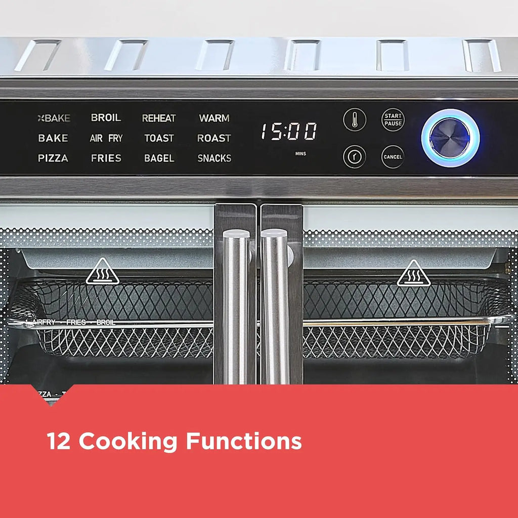 12-in-1 Air Fryer Toaster Oven, Fast Convection Cooking, Fits Whole Pizza, Stainless Steel French Doors