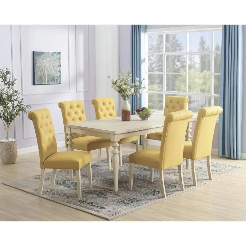 7-Piece Dining Set with Turned-Leg Table and 6 Tufted Chairs