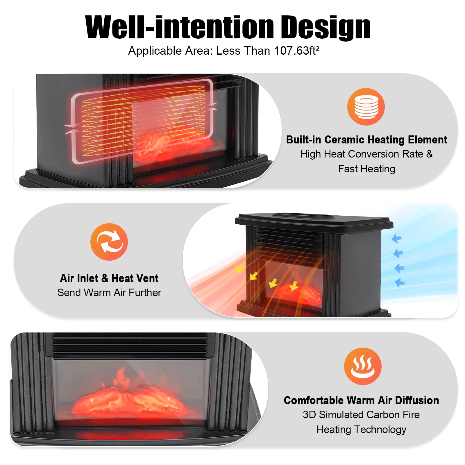 1000w Electric Fireplace 3D Carbon Fire Air Heater Mini ABS Warmer Fan Radiator Warm Blower for Apartment RV Bedroom