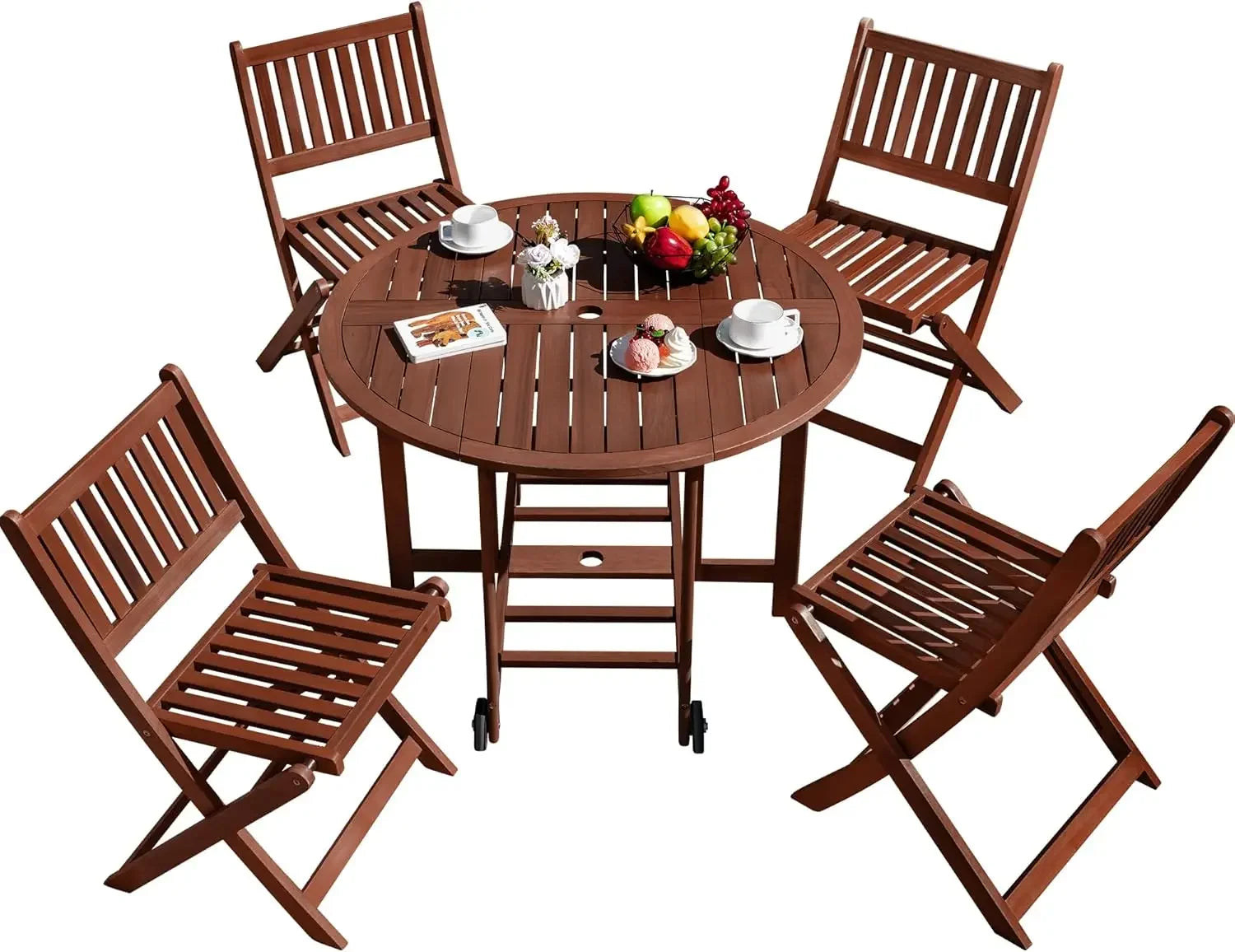 Stylish 5 Piece Patio Dining Set Outdoor Acacia Wood Furniture All-Weather Folding Round Table and Chairs for Backyard, Balcony,