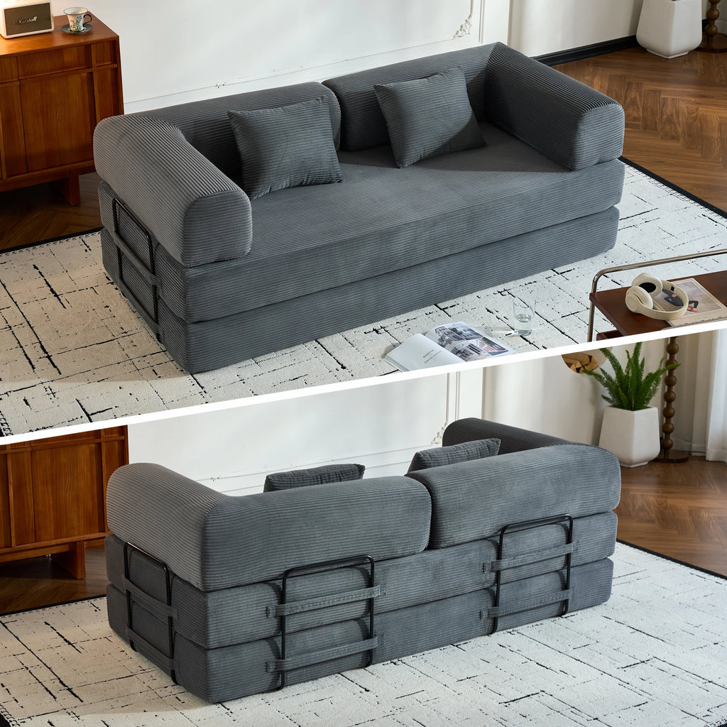 79" Folding Convertible Sofa Bed, Oversized Corduroy Futon Floor Couch, Boneless Loveseat for Small Spaces,