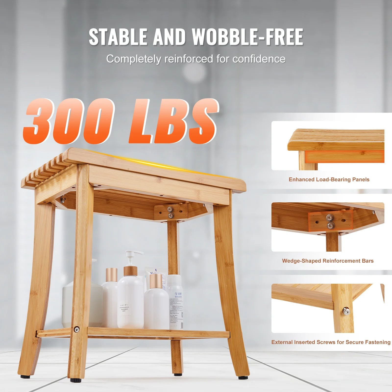 Bamboo Shower Bench 19.1x11.3x18.3 in Waterproof