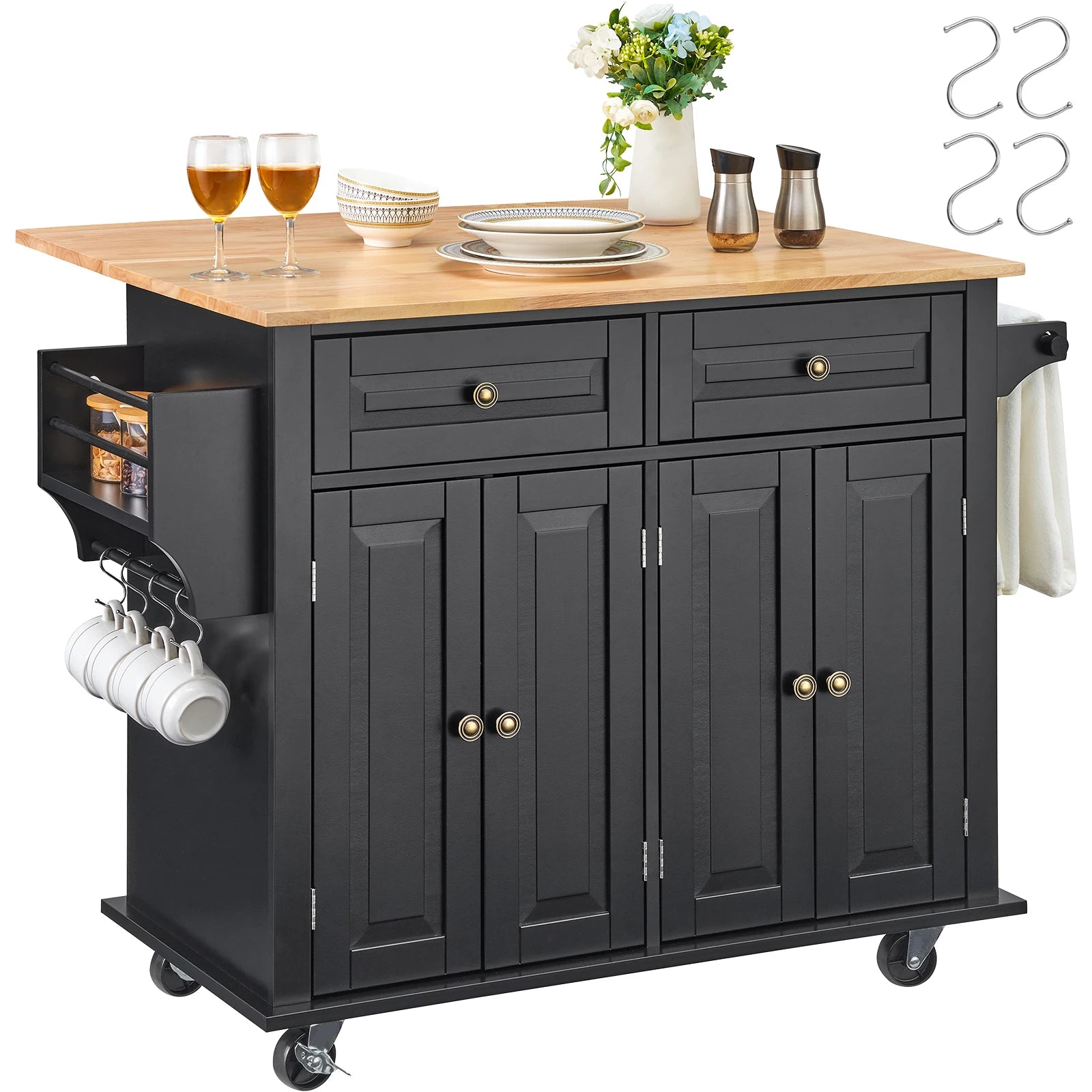 43" Kitchen Island Cart Wood Top Mobile Carts with Storage Cabinet