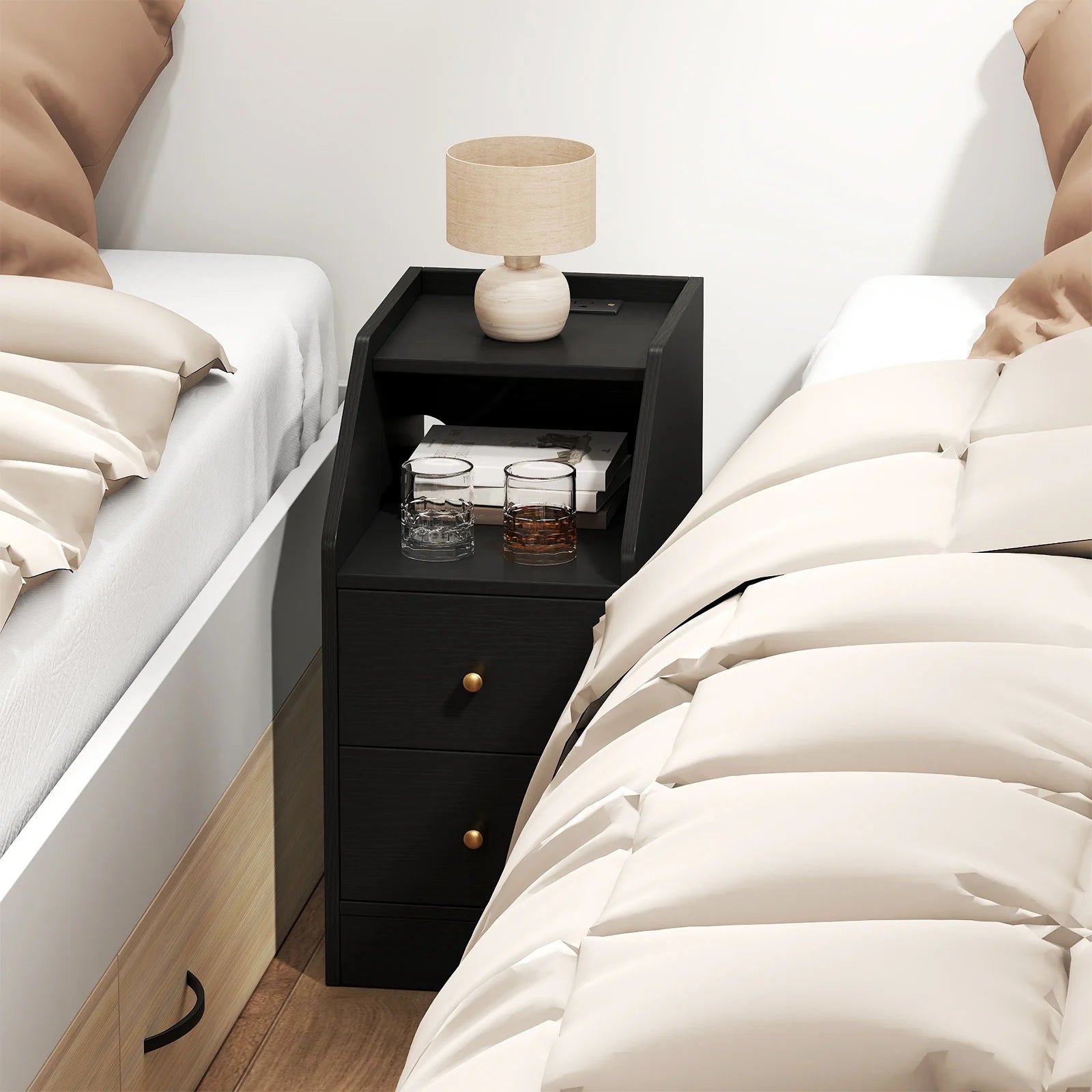Side Table w/ Charging Station, Storage Drawers, Sofa Couch Table for Small Space