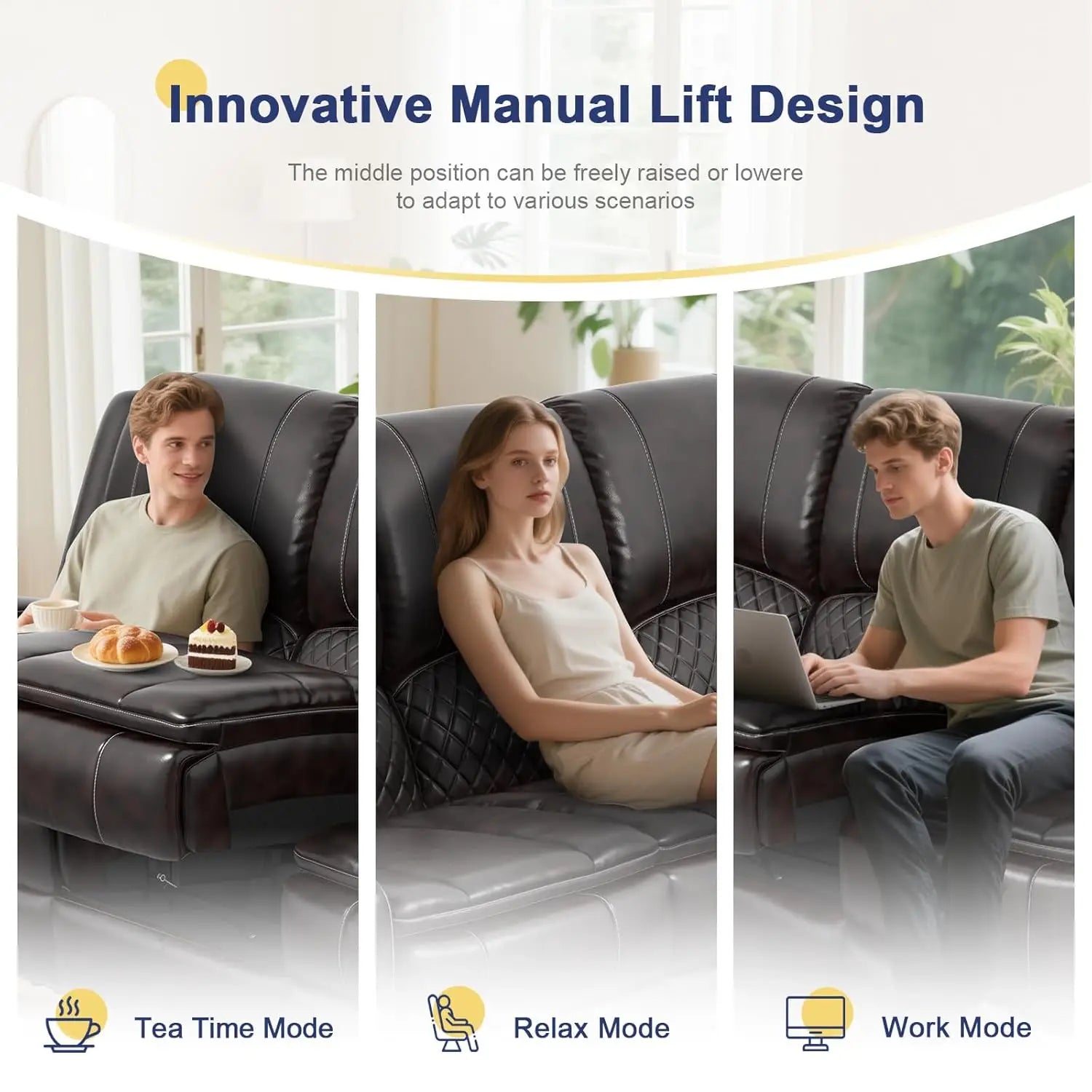 3 Seat Recliner Sofa with Console, Armrest, PU Leather, Cup Holders, USB Ports,