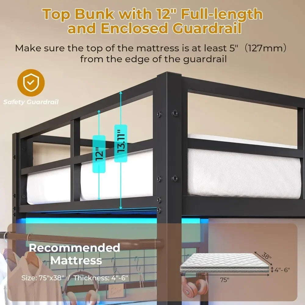 Bunk Bed Twin Over Twin Size with Desk and Charging Station L-Shaped Metal