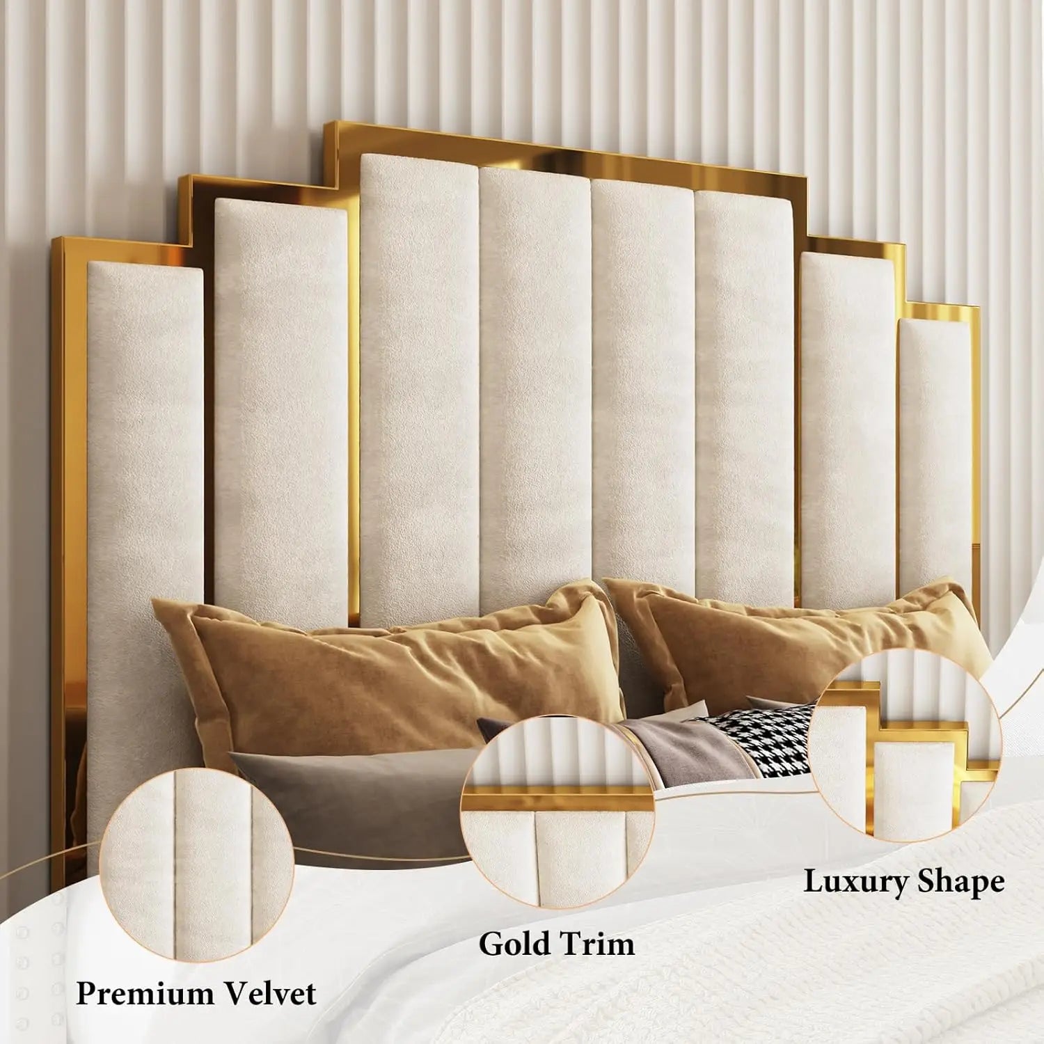 Queen Upholstered Velvet Platform Bed with Gold Trim Headboard