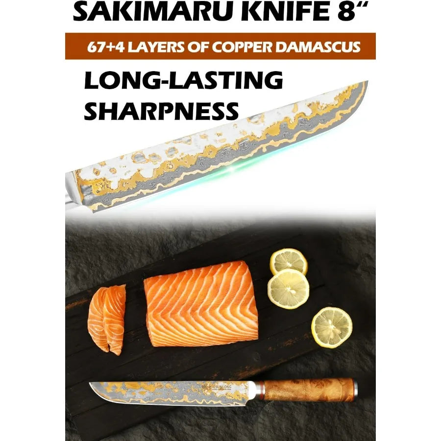 Sakimaru Knife 8" Handmade Copper Damascus Steel Carving Knives