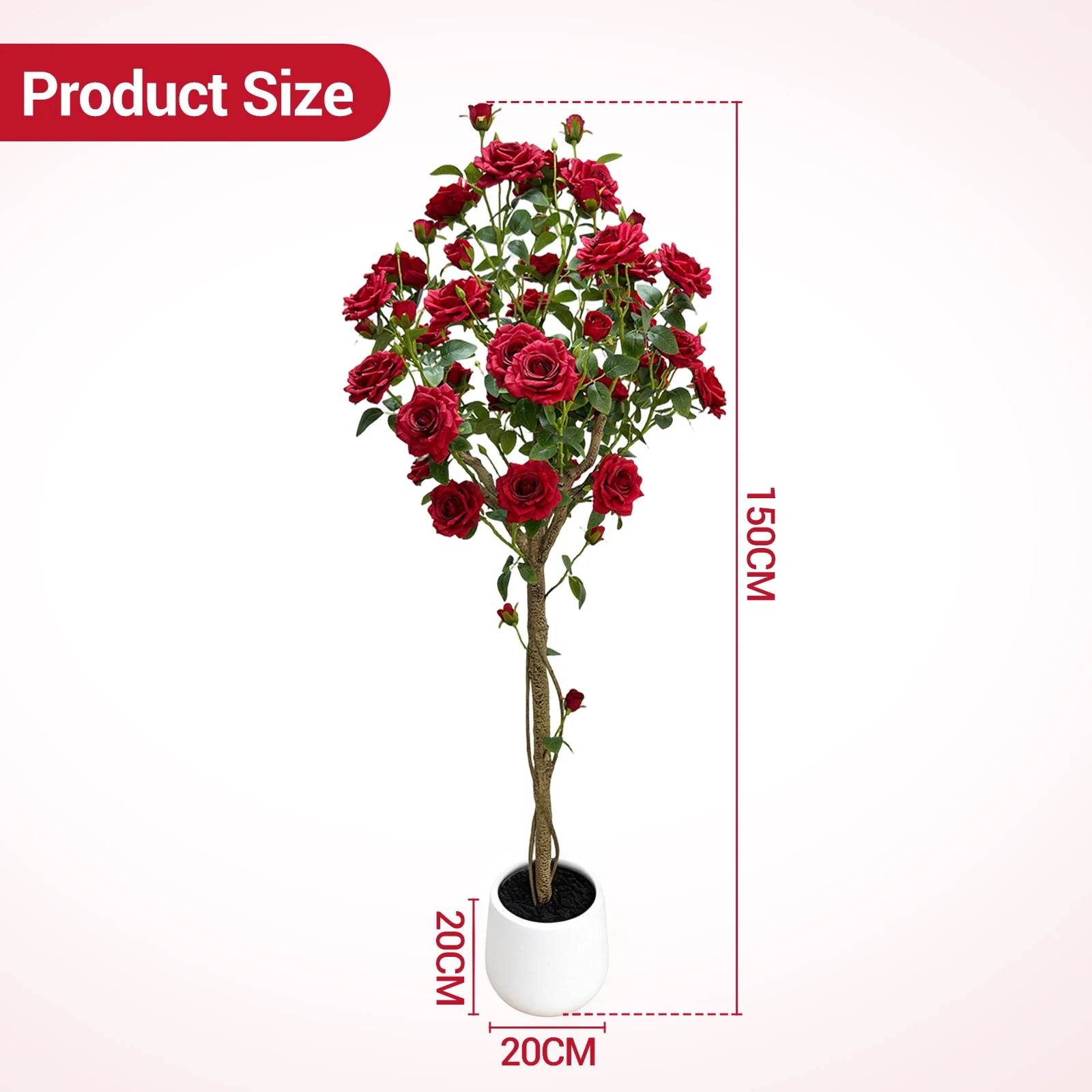 150cm Artificial Rose Tree, Realistic Silk Flower Plant with Plastic Trunk in Decorative Pot, for Indoor & Covered Outdoor Decor