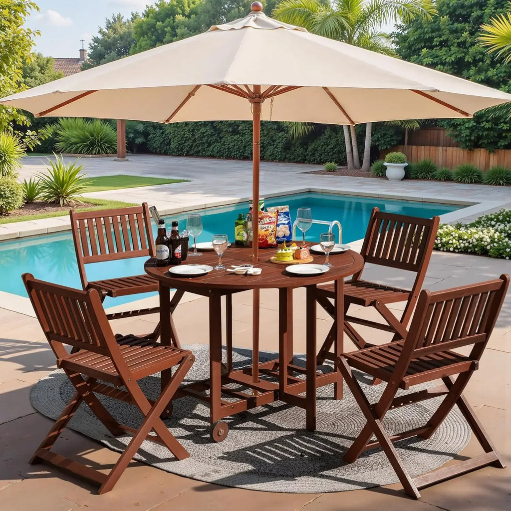 Stylish 5 Piece Patio Dining Set Outdoor Acacia Wood Furniture All-Weather Folding Round Table and Chairs for Backyard, Balcony,