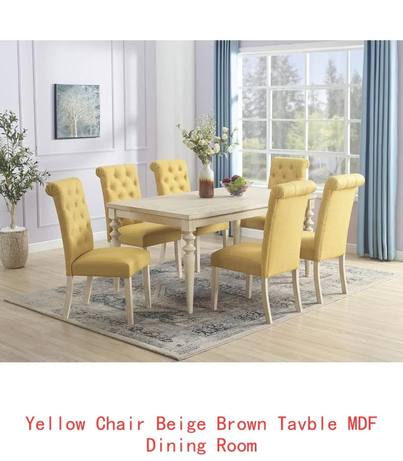 7-Piece Dining Set with Turned-Leg Table and 6 Tufted Chairs