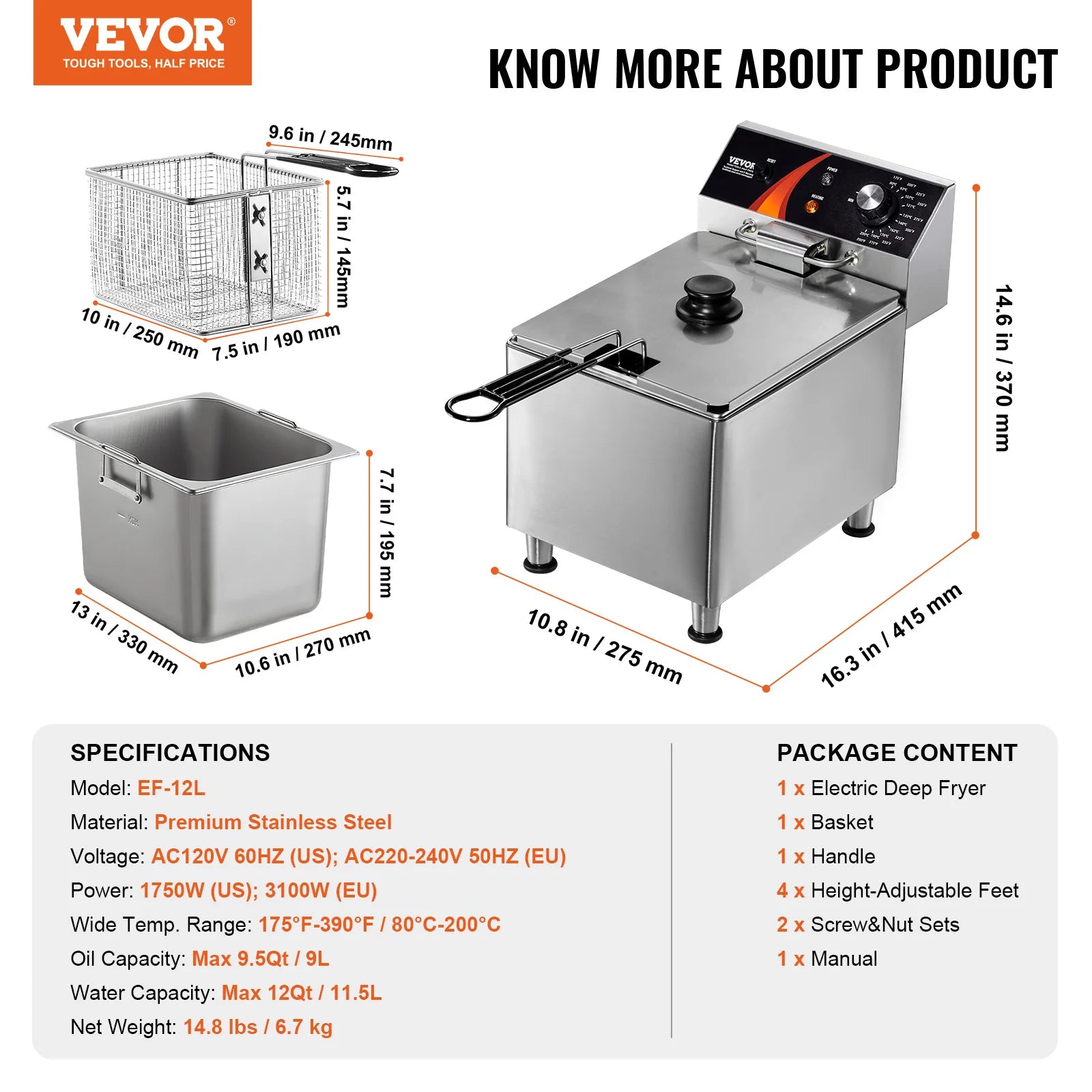 Electric Countertop Fryer with Basket 11.6Qt