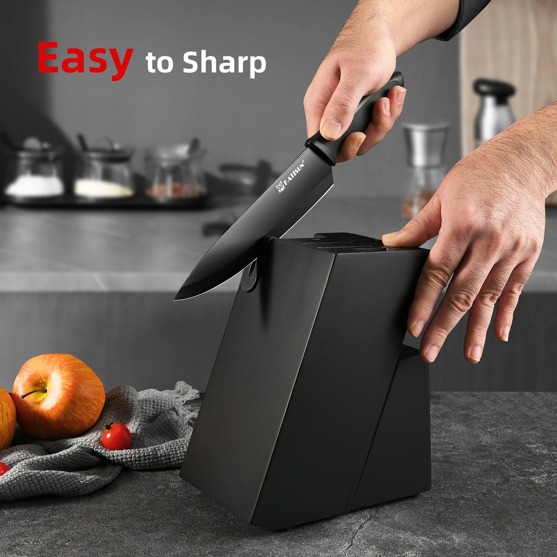 15 Pieces Carbon Steel Kitchen Knife Block Set, Built-in Knife Sharpener, Non-Slip