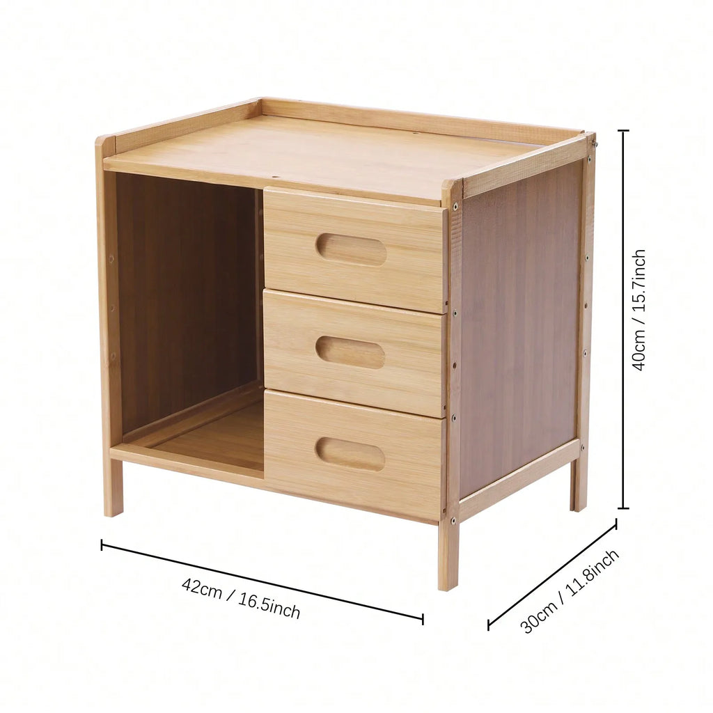 Natural Bamboo End Side Organizer with 3 Drawers and 1 Open Compartment