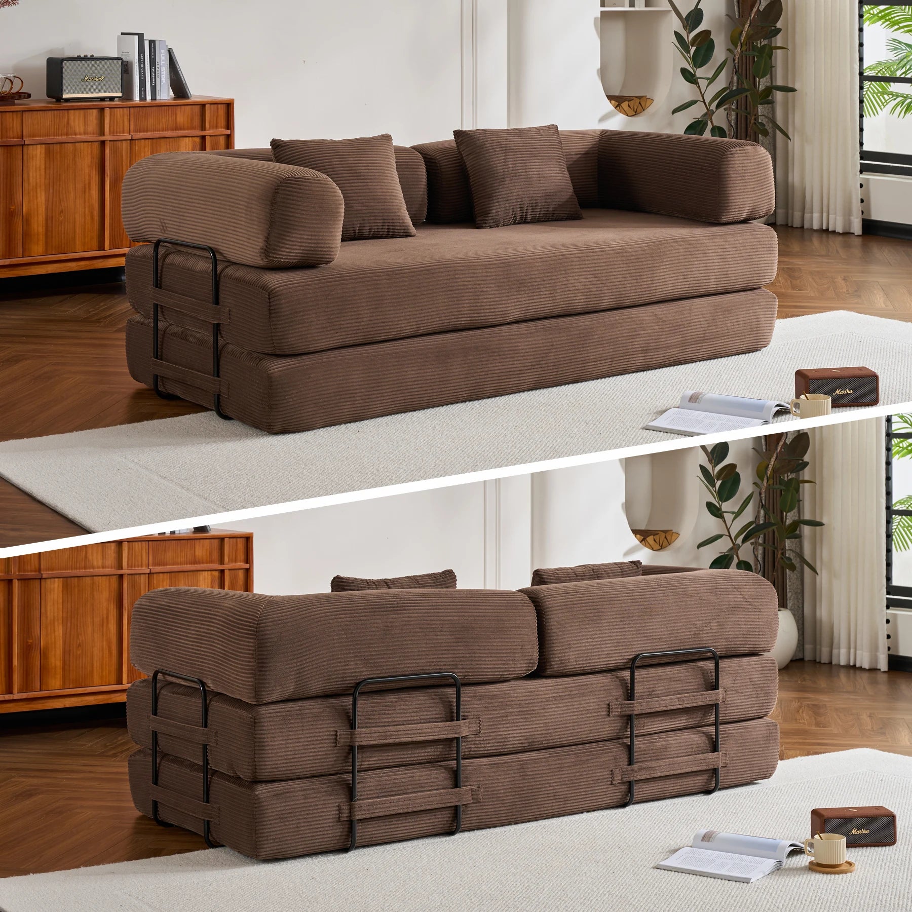 79" Folding Convertible Sofa Bed, Oversized Corduroy Futon Floor Couch, Boneless Loveseat for Small Spaces,