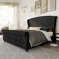 Chenille Upholstered Sleigh Bed with Scroll Wingback Headboard & Footboard/Button,