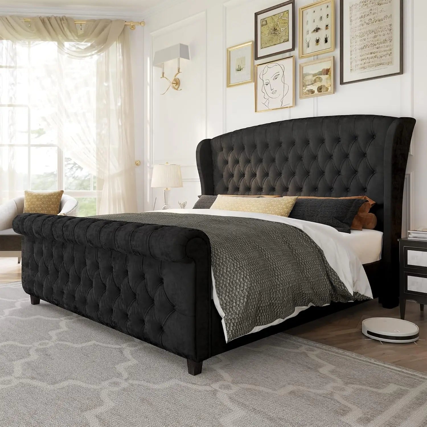 Chenille Upholstered Sleigh Bed with Scroll Wingback Headboard & Footboard/Button,