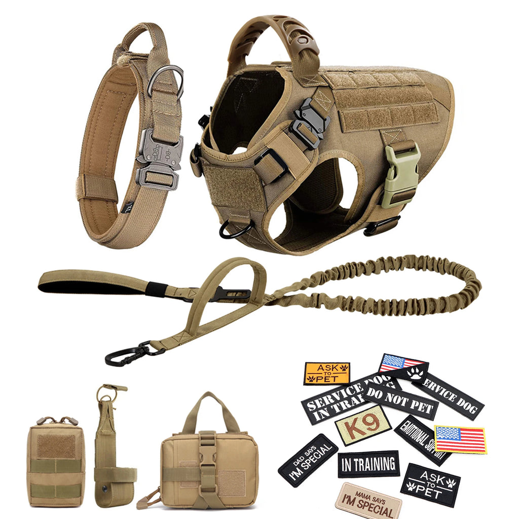 Military Large Dog Harness Collar Leash Bags Patches Set