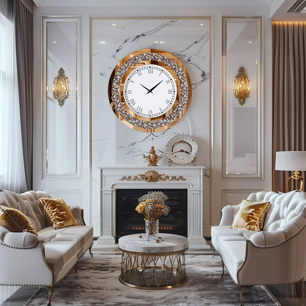 Silver,Tawny Tinted Round Mirror ,24inch Crush Diamond Large Mirrored Wall Clock