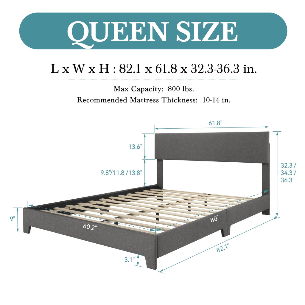 Upholstered Bed Frame with Adjustable Headboard, Soft Linen Fabric,