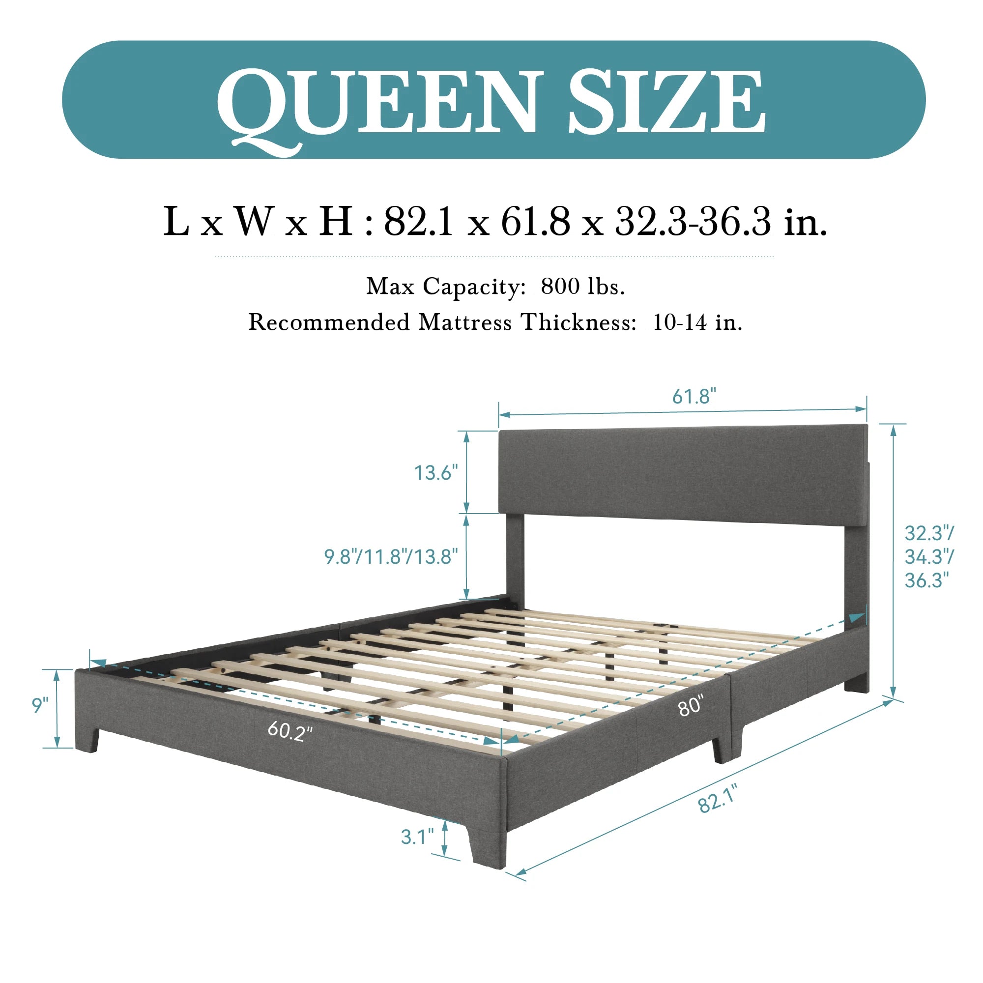Upholstered Bed Frame with Adjustable Headboard, Soft Linen Fabric,