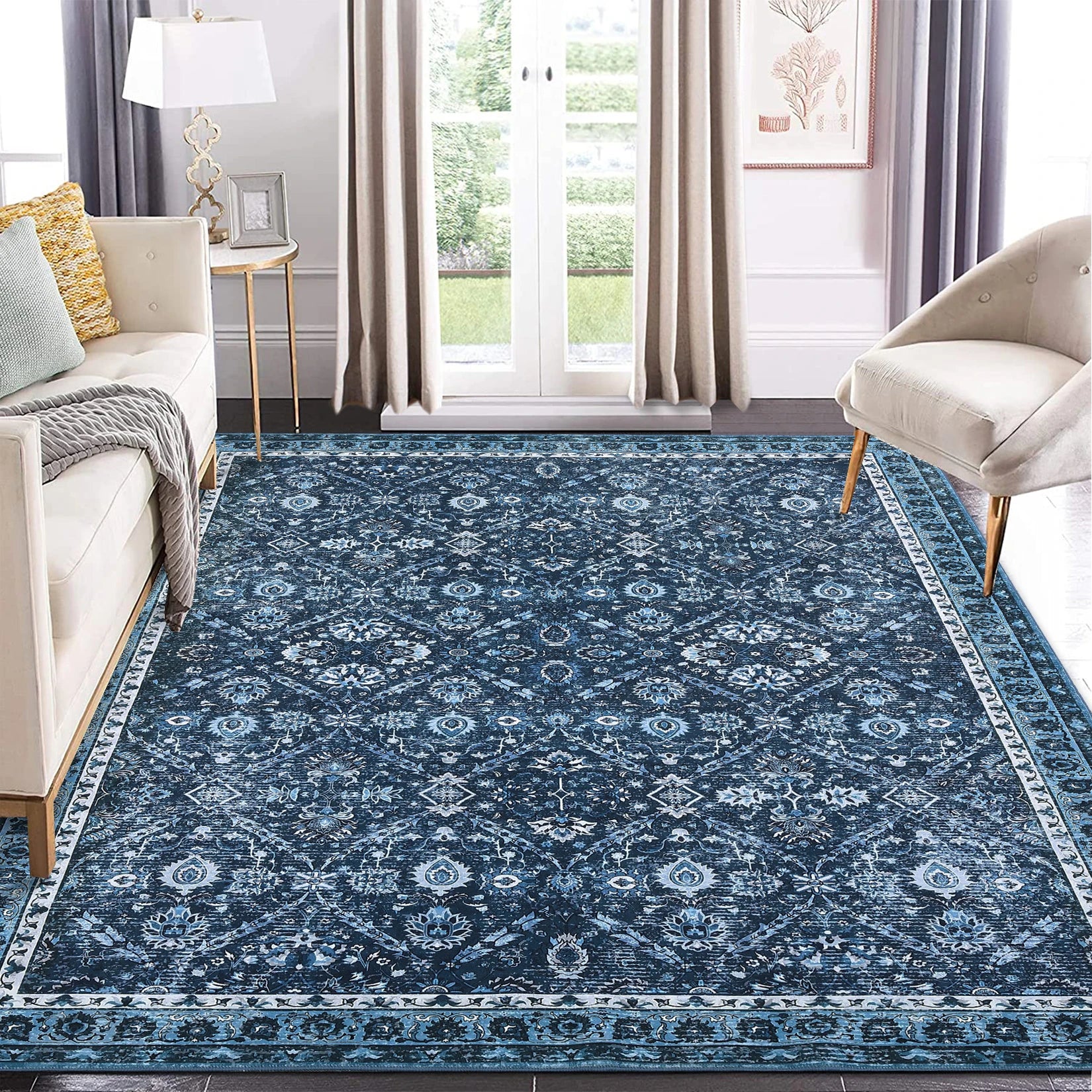 Rug for Living Room, Machine Washable, Non-Slip,Stain & Water Resistant, Low-Pile Moroccan Trellis Hallway Vintage Foldable Rug
