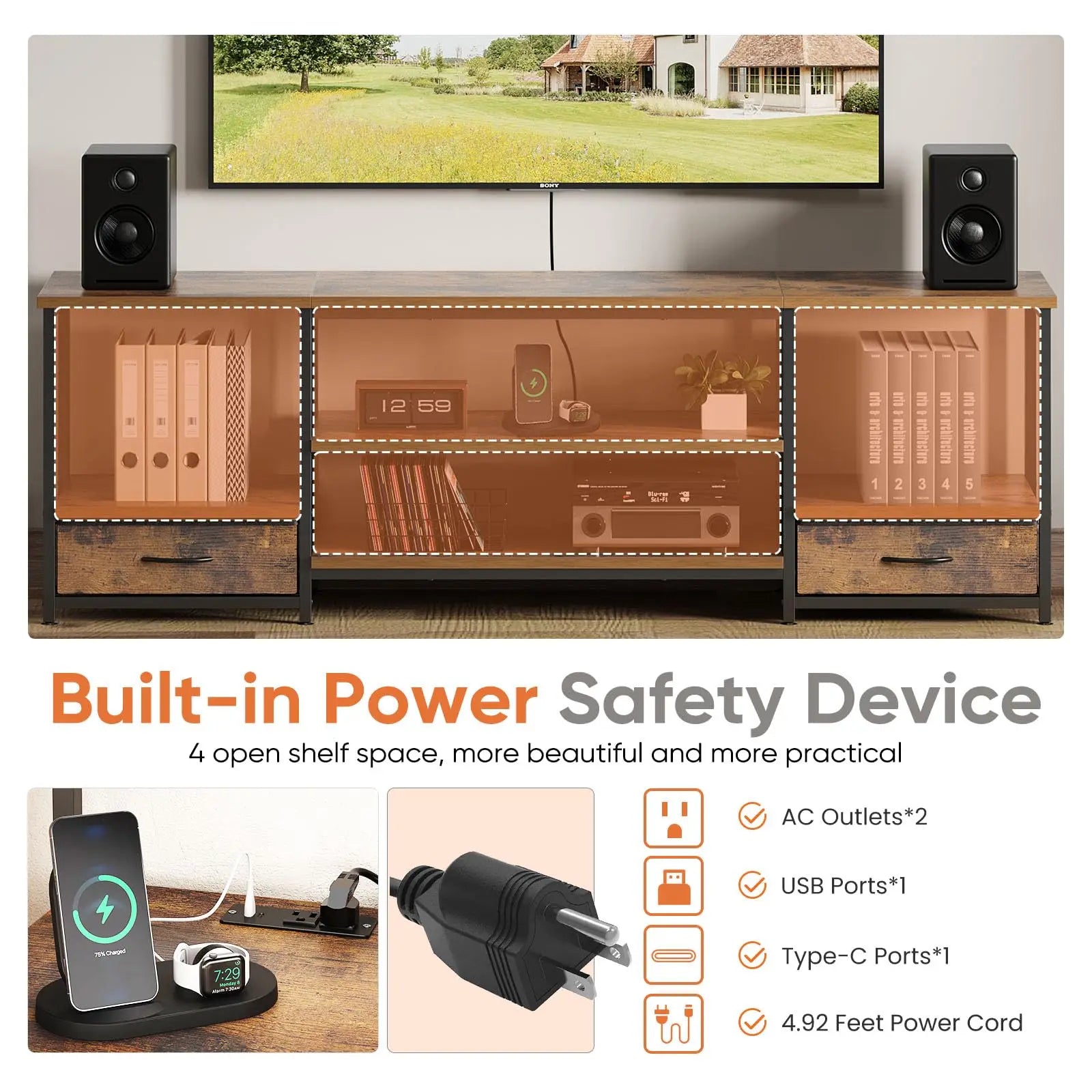 63IN Wooden Tv Stand For Up To 75 Inch TV Entertainment Center
