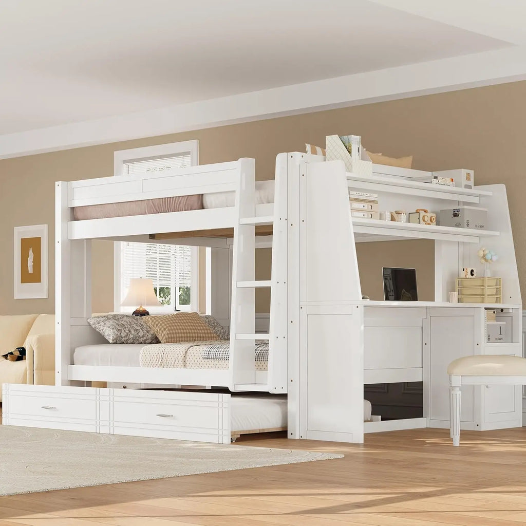 Full Wooden Gaming Bunk Bed with Desk Storage Shelves USB LED Light
