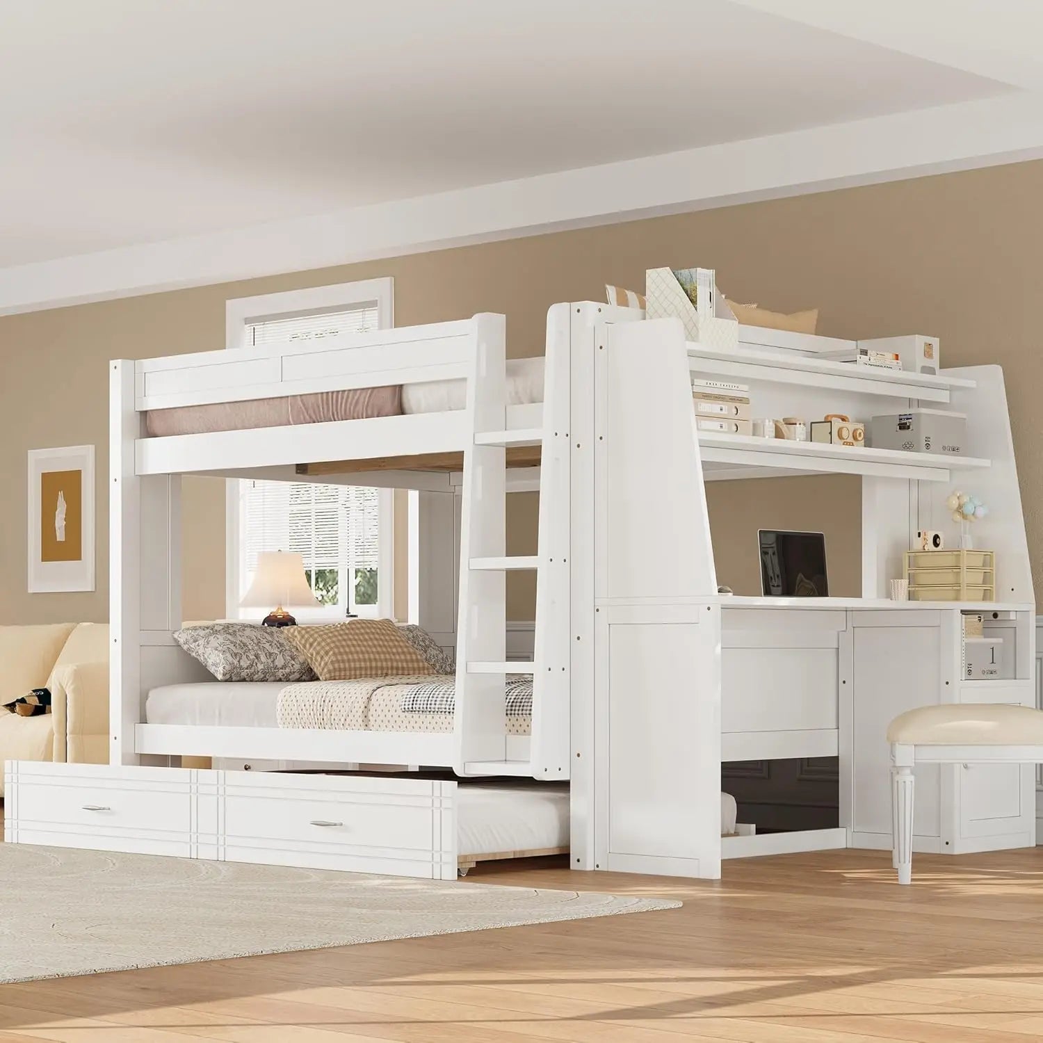 Full Wooden Gaming Bunk Bed with Desk Storage Shelves USB LED Light
