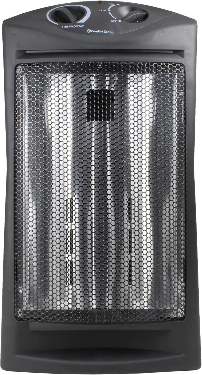 Portable Electric Heater with Adjustable Thermostat, Infrared Quartz Tower for Indoor Use, 2 Heat Settings, Black