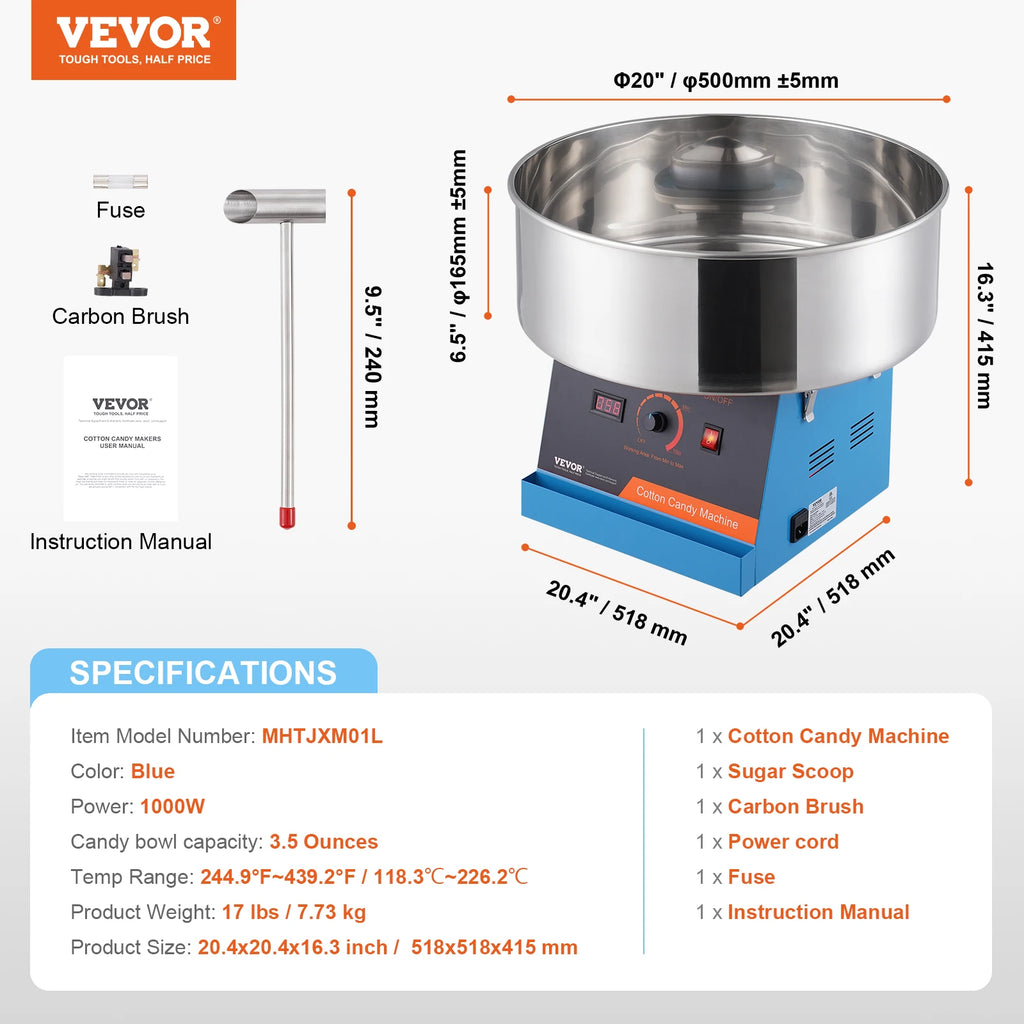 Commercial Cotton Candy Machine w/ Stainless Steel Bowl and Sugar Scoop