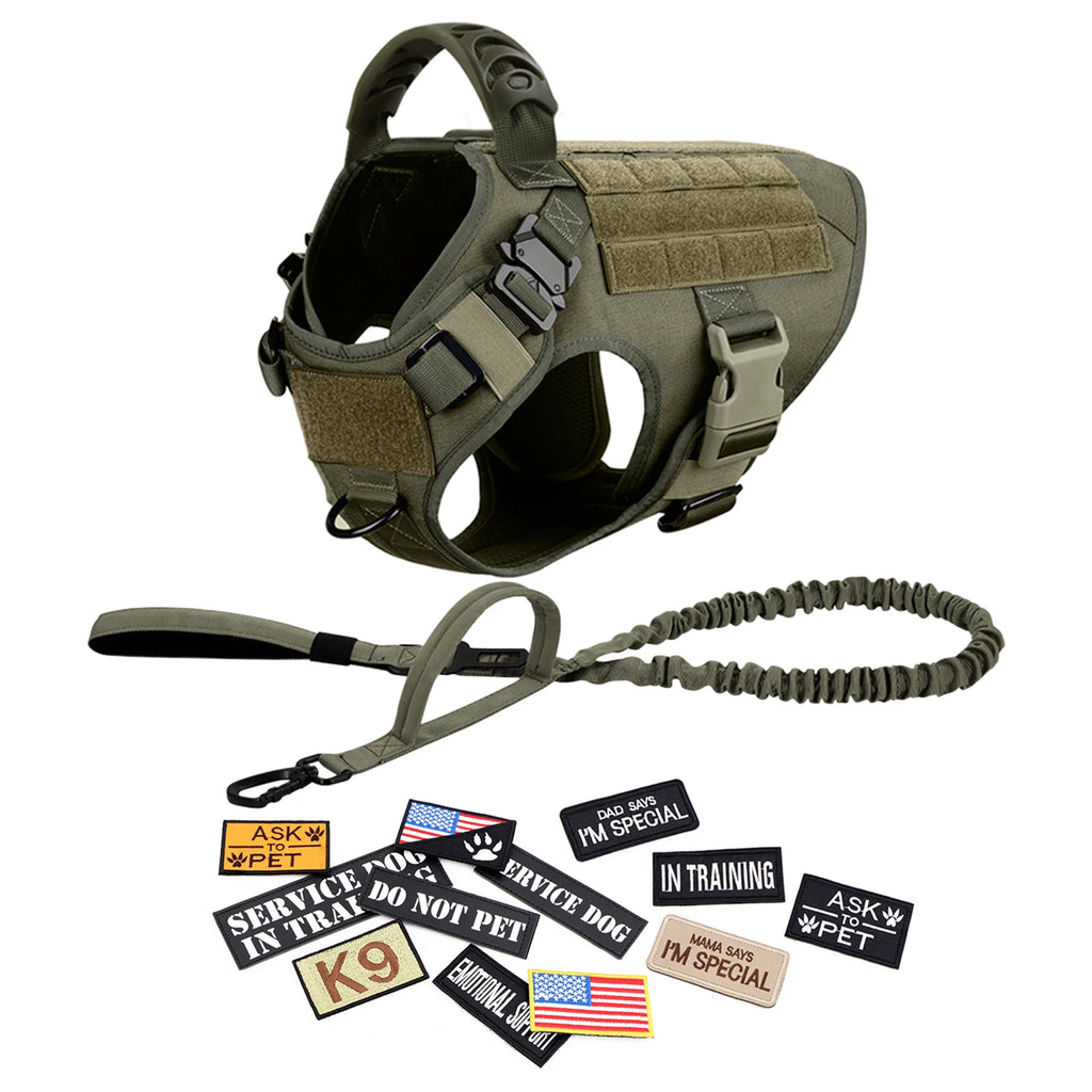 Military Large Dog Harness Collar Leash Bags Patches Set