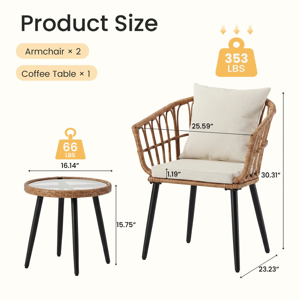 3 Pieces Wicker Patio Outdoor Set with Soft Cushion and Glass Steel Frame Table Manual Weaving Patio Chairs For Garden Lawn