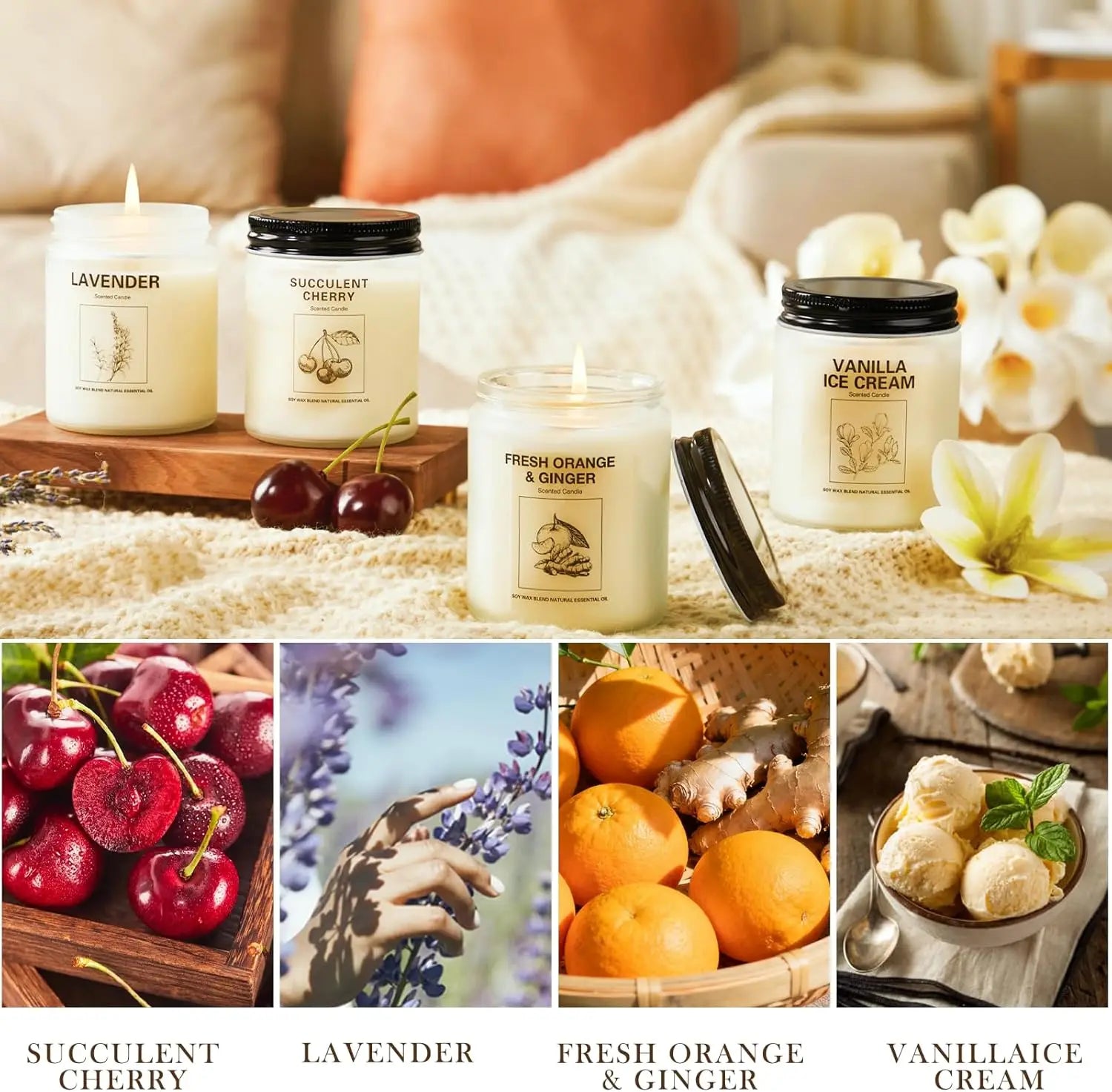 4-Pack Aromatherapy Candles: Lavender, Orange Ginger, Vanilla Scents