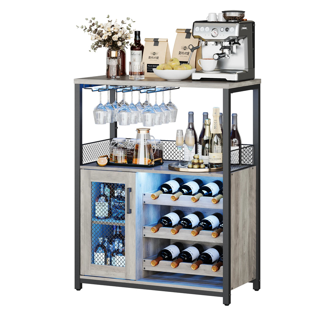 36" Wine Bar Cabinet with LED Lights - Adjustable Glass Shelves