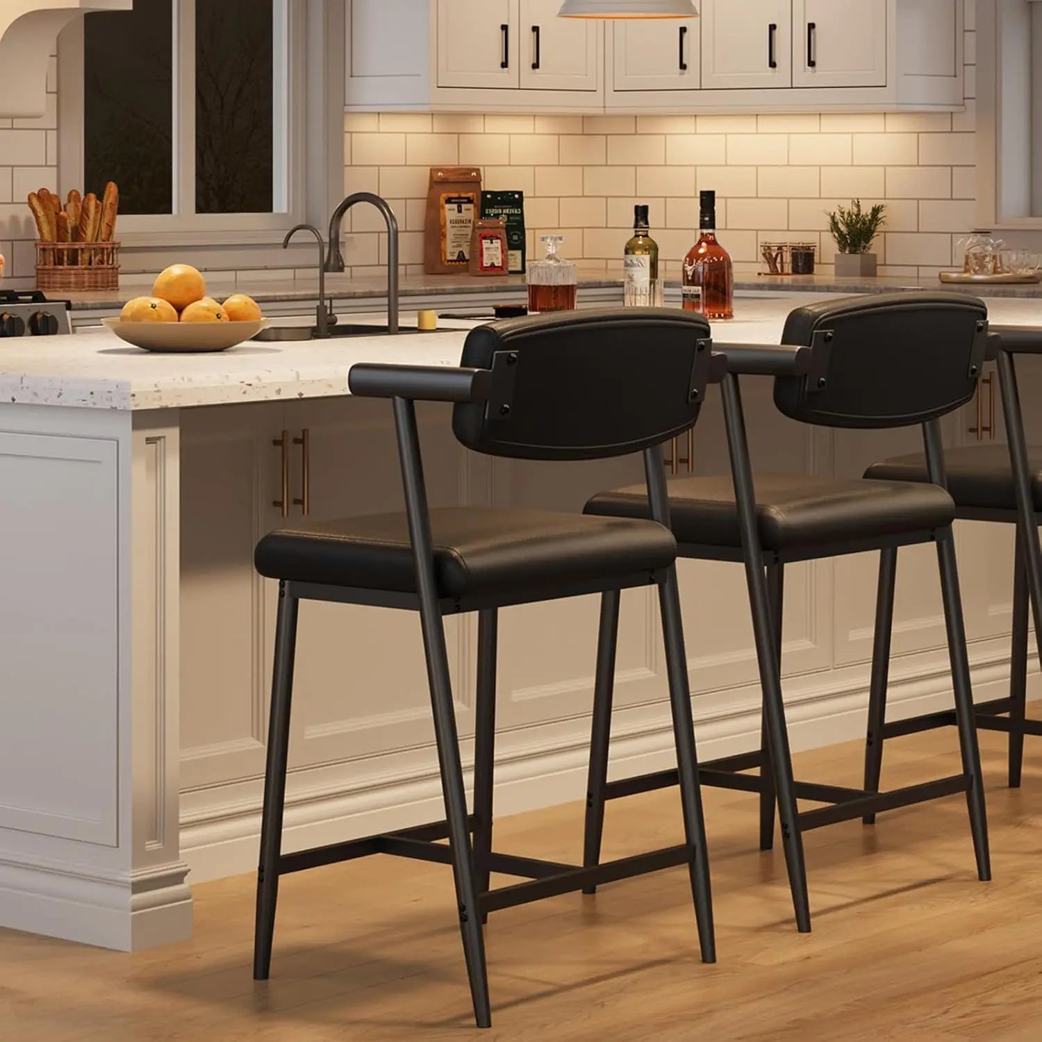 2PCS Modern Bar Stools Set with Back & Upholstered Wider Seat