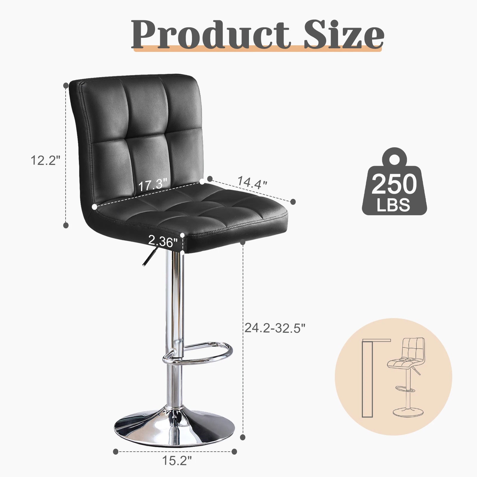 Leather Bar Stools Set of 2,Upholstered Counter Height Bar Stool
