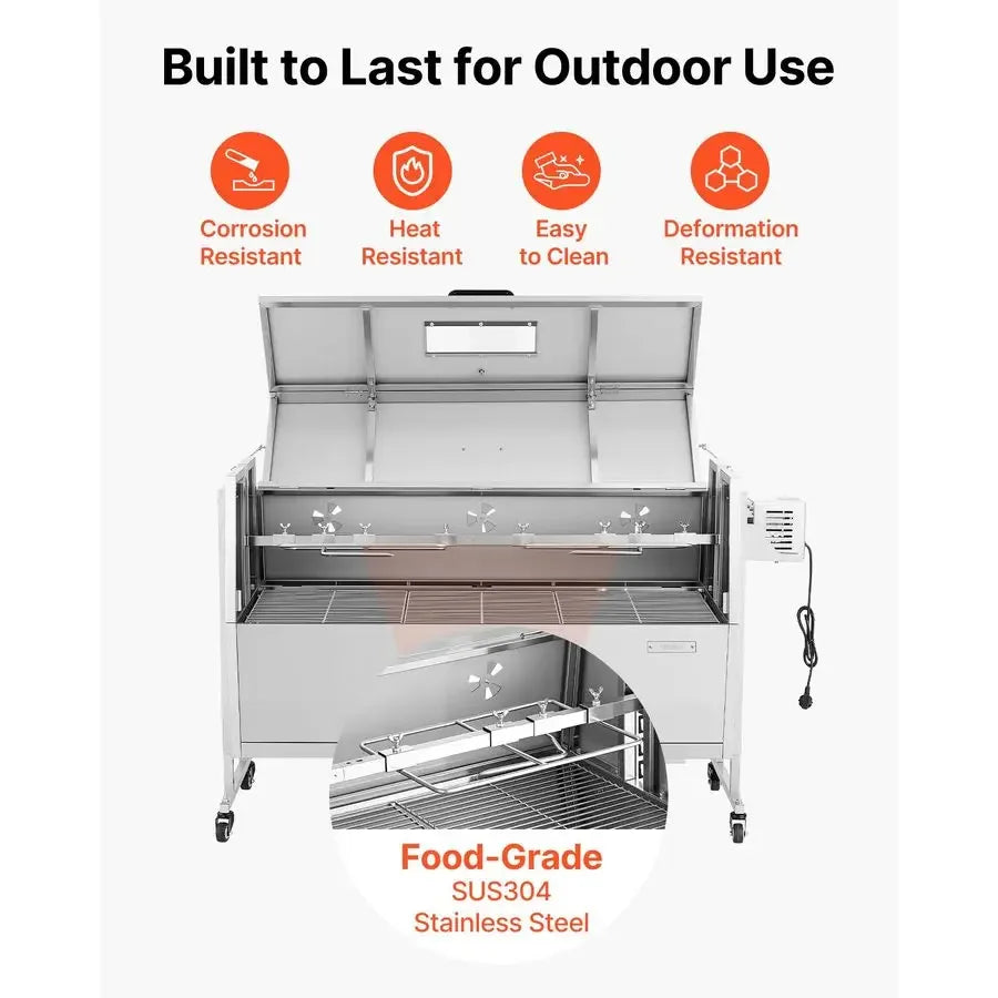 Rotisserie Grill, 46in BBQ Outdoor Pig amp Lamb Spit Roaster, Charcoal Spit Roaster with 132 LBS Capacity, Wheels amp 4Level He