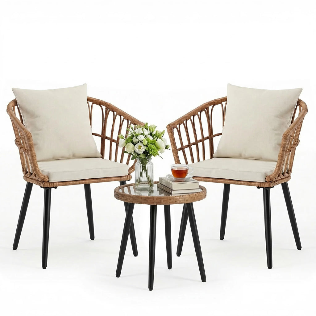 3 Pieces Wicker Patio Outdoor Set with Soft Cushion and Glass Steel Frame Table Manual Weaving Patio Chairs For Garden Lawn