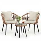 3 Pieces Wicker Patio Outdoor Set with Soft Cushion and Glass Steel Frame Table Manual Weaving Patio Chairs For Garden Lawn