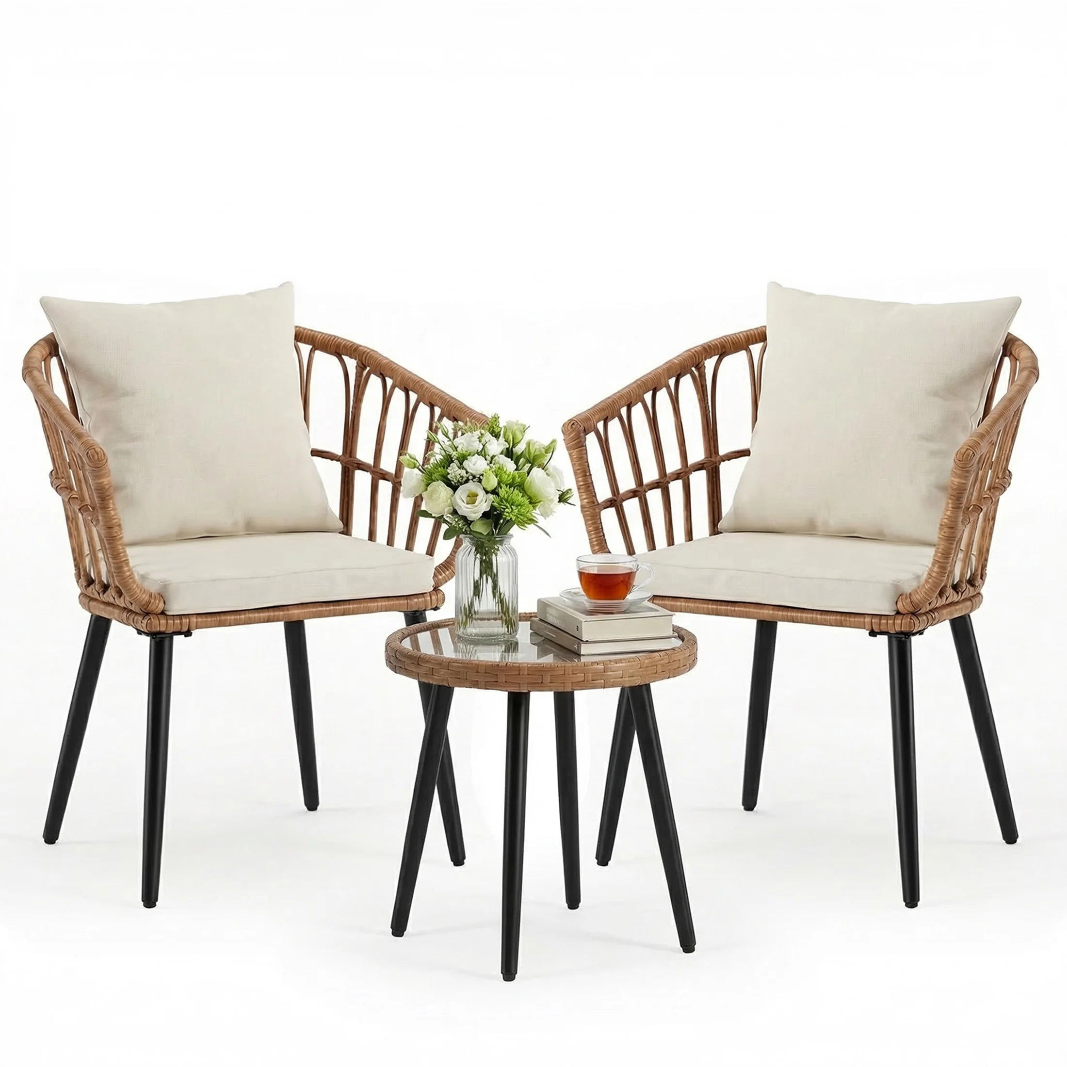3 Pieces Wicker Patio Outdoor Set with Soft Cushion and Glass Steel Frame Table Manual Weaving Patio Chairs For Garden Lawn