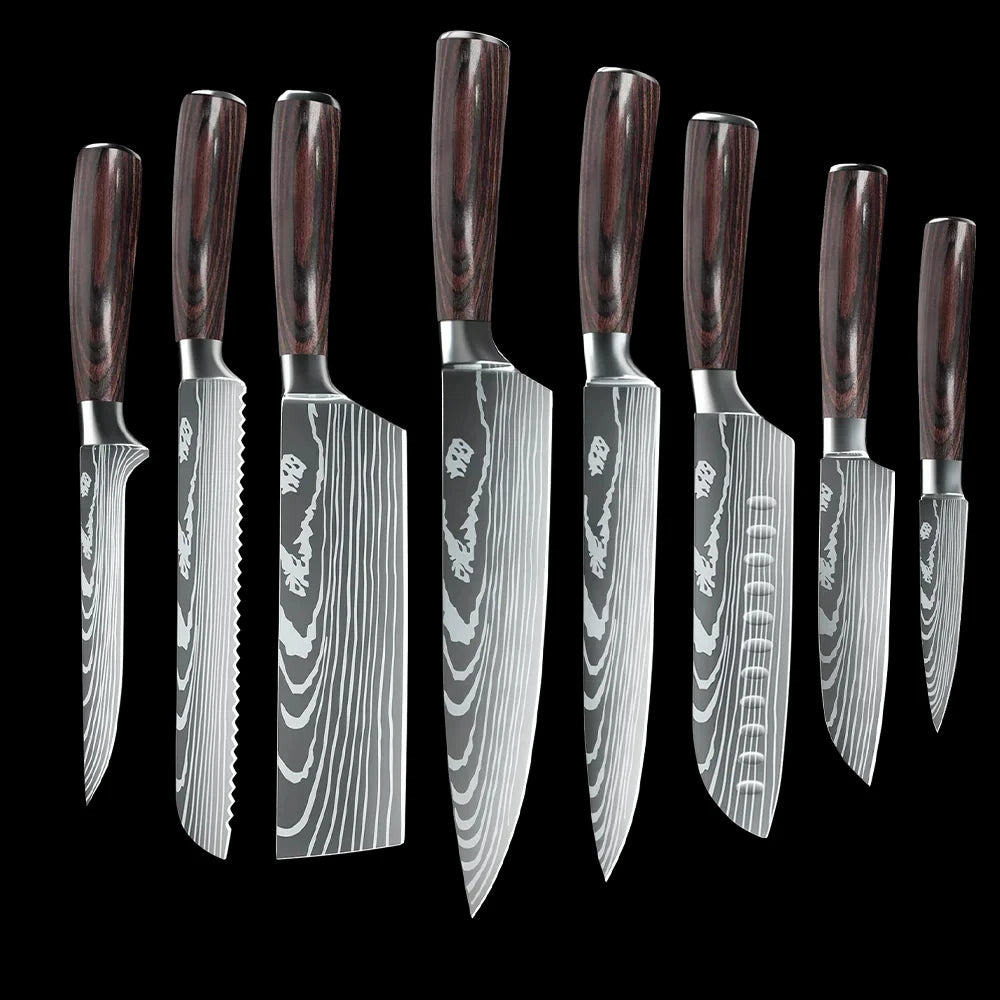 8 PCS Kitchen Stainless steel Laser Damascus Japanese Santoku Cleaver Slicing Utility Chef Knife