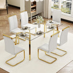 ,71''Gold Dining Room Table &Generous Legroom with 6 White Leather
