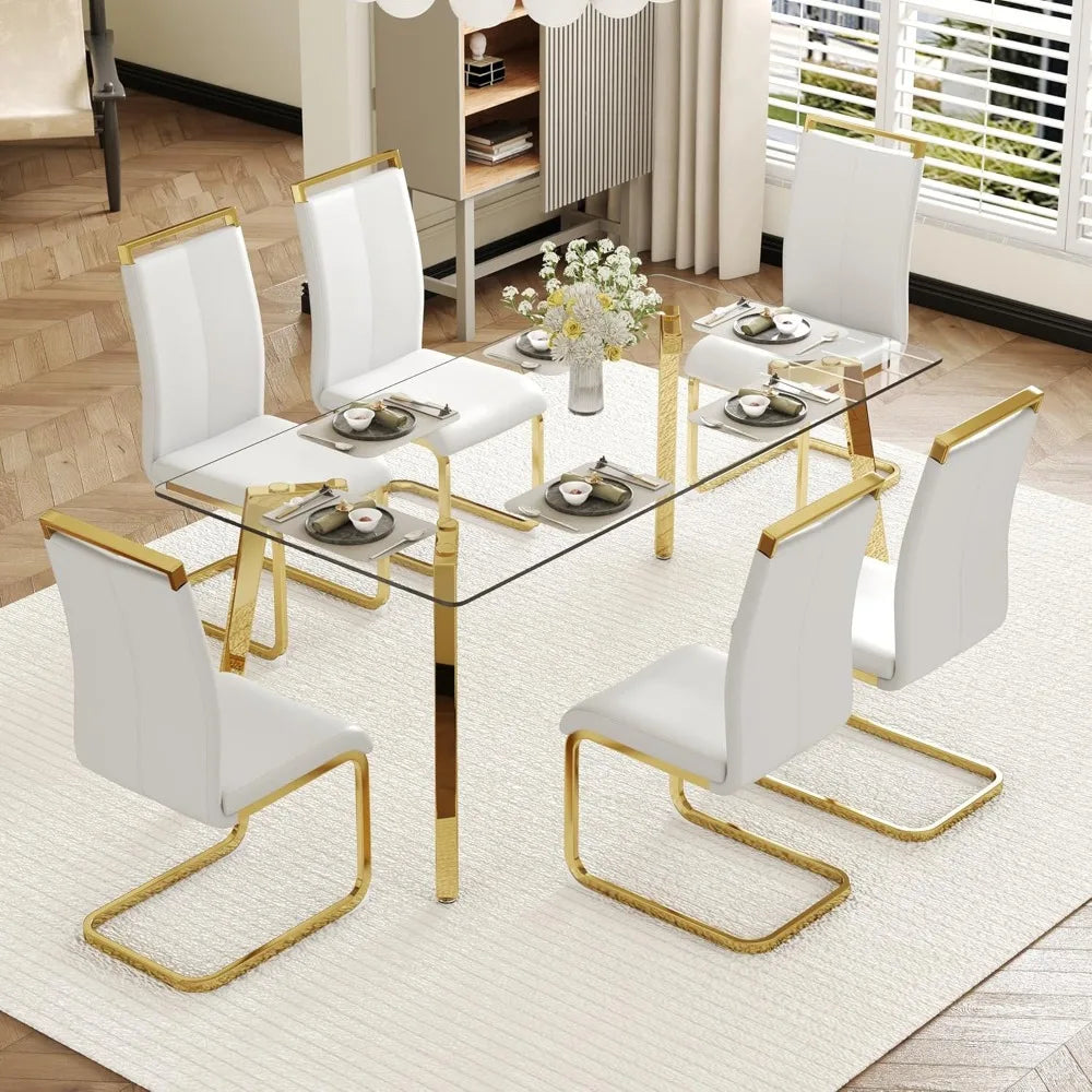 ,71''Gold Dining Room Table &Generous Legroom with 6 White Leather