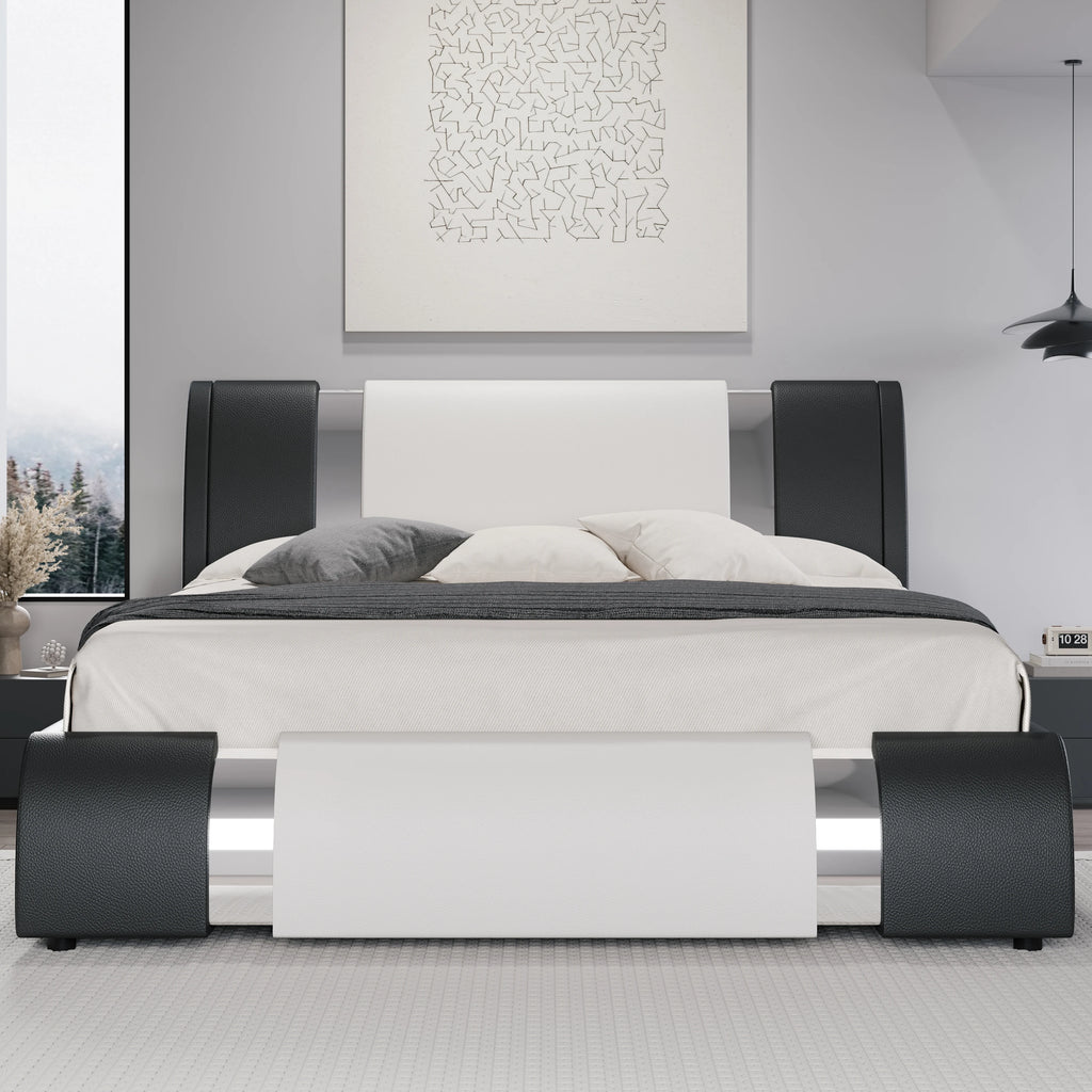 Modern Faux Leather Bed Frame with Iron Pieces Decor, with Height-Adjustable Headboard